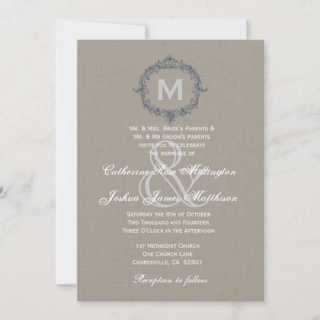 Pebble and Grey Frame Monogram Wedding Linen Paper Invitation (Front)