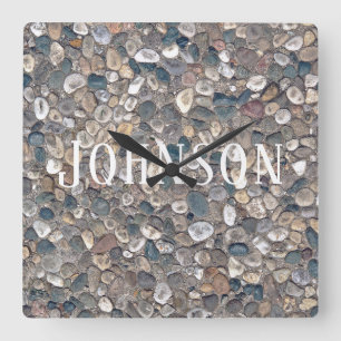 pebble stone with family name square wall clock