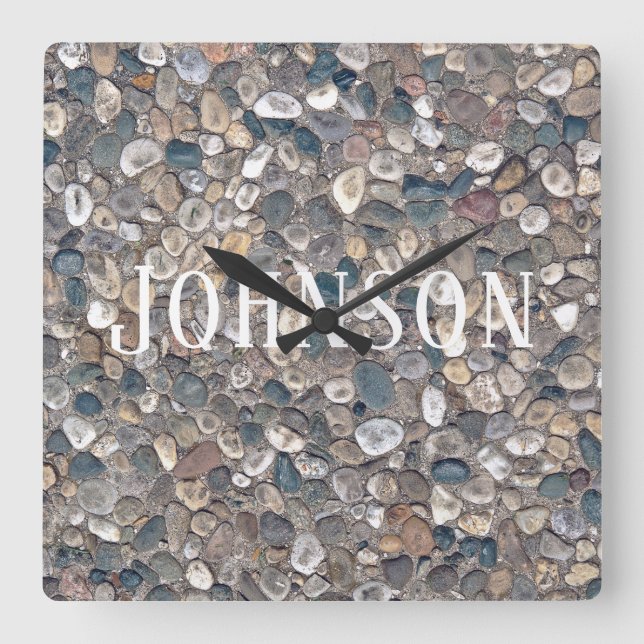 pebble stone with family name square wall clock (Front)