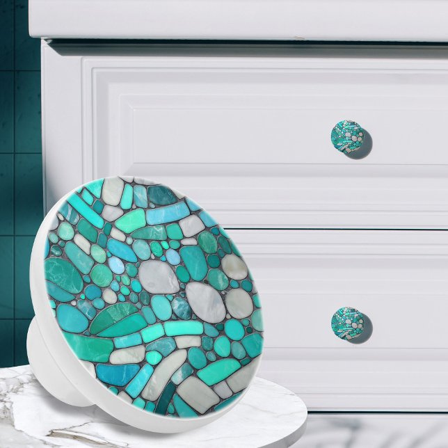 Pebbles Mosaic Art -Aquamarine and Pearl Ceramic Knob (Creator Uploaded)