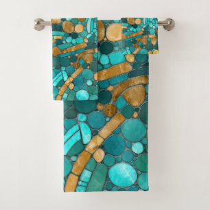 Pebbles Mosaic Art -Emerald and Gold Bath Towel Set