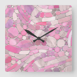 Pebbles Mosaic Art - Rose Blush Pink Square Wall Clock