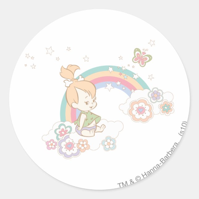 PEBBLES™ Rainbow and Flower Clouds Classic Round Sticker (Front)