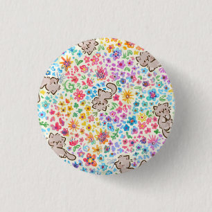 Pebble's Whimsical Garden Grey Cat & Bright Floral 3 Cm Round Badge
