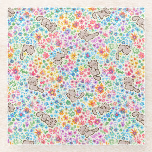 Pebble's Whimsical Garden Grey Cat & Bright Floral Glass Coaster