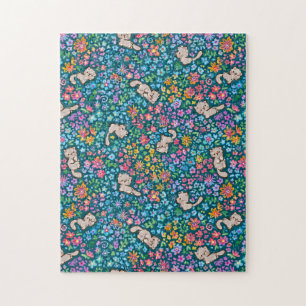 Pebble's Whimsical Garden Grey Cat & Bright Floral Jigsaw Puzzle