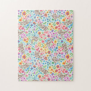 Pebble's Whimsical Garden Grey Cat & Bright Floral Jigsaw Puzzle