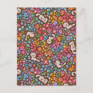 Pebble's Whimsical Garden Grey Cat & Bright Floral Postcard