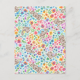 Pebble's Whimsical Garden Grey Cat & Bright Floral Postcard