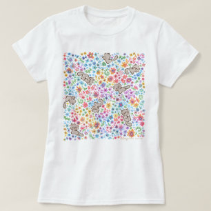Pebble's Whimsical Garden Grey Cat & Bright Floral T-Shirt