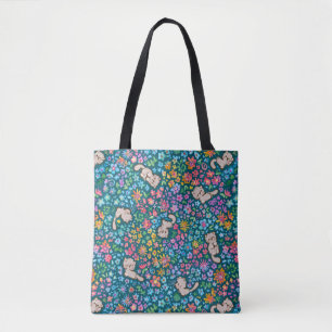 Pebble's Whimsical Garden Grey Cat & Bright Floral Tote Bag