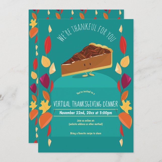 Pecan Pie Leaves Teal Virtual Thanksgiving Dinner Invitation (Front/Back)