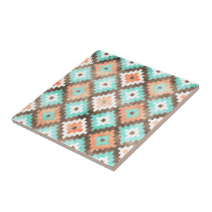 Pech Orange Turquoise Aqua Green Tribe Art Tile