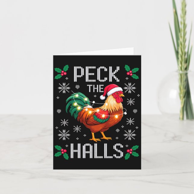 Peck The Halls Chicken Christmas Lights Snowflakes Card (Front)