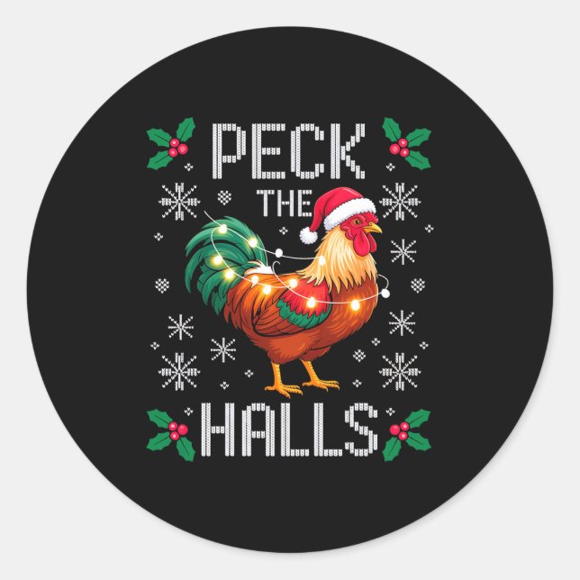 Peck The Halls Chicken Christmas Lights Snowflakes Classic Round Sticker (Front)