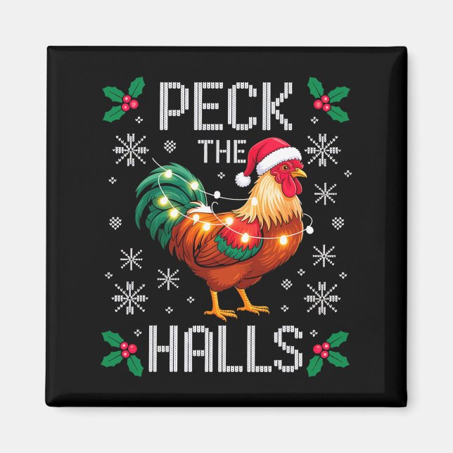 Peck The Halls Chicken Christmas Lights Snowflakes Magnet (Front)