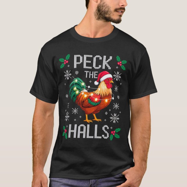 Peck The Halls Chicken Christmas Lights Snowflakes T-Shirt (Front)