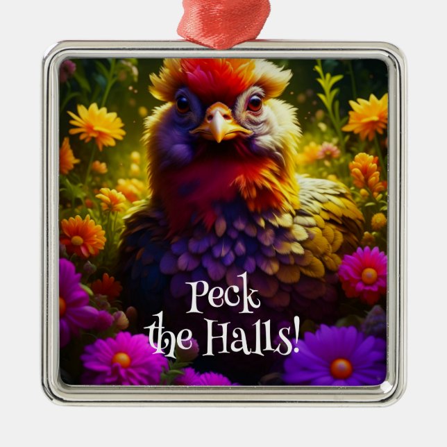 Peck the Halls Chicken Pun  | Christmas Hen Metal Ornament (Front)