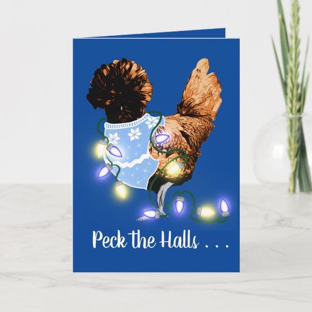 Peck the Halls  Golden Laced Polish Christmas card (Front)