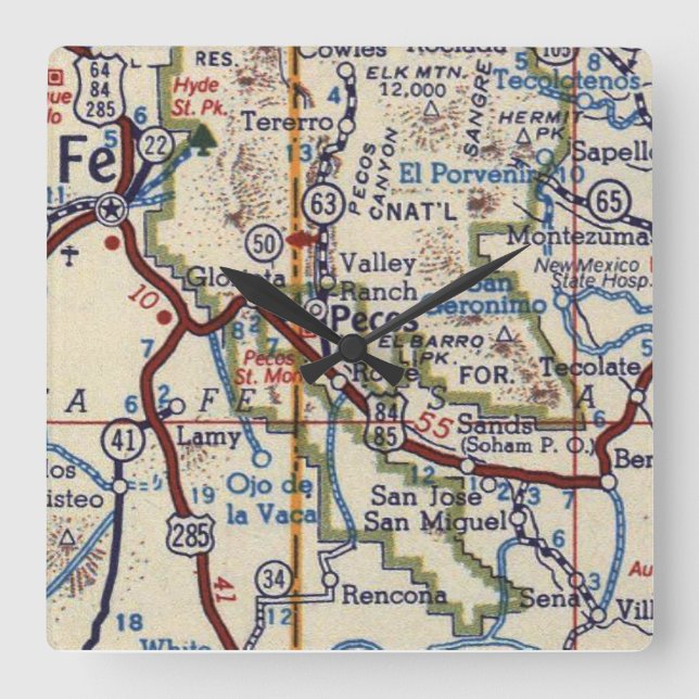 Pecos NM Vintage Map Square Wall Clock (Front)