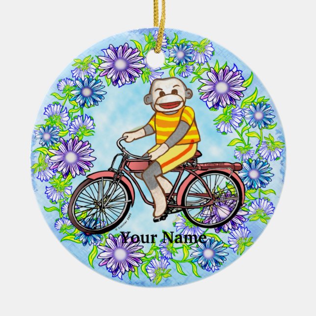 Pedal Bike Sock Monkey Ceramic Ornament (Front)