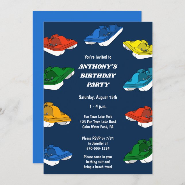Pedal Boats Bright Colours Custom Birthday Party Invitation (Front/Back)