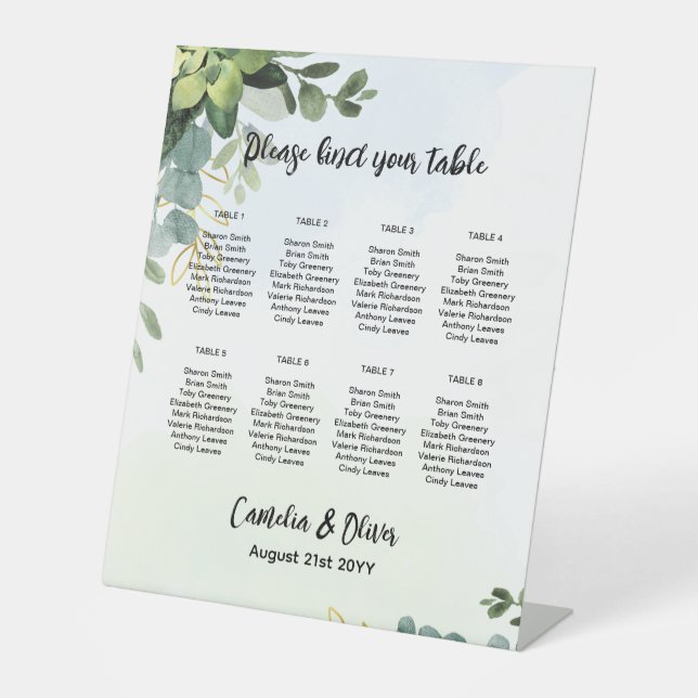 Pedestal 8 Table Wedding Seating Chart Greenery  P Sign (Front)