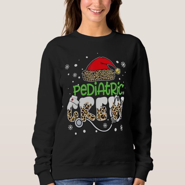 Pediatric Crew Leopard Santa Hat Stethoscope Nurse Sweatshirt (Front)