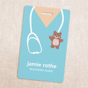 Pediatric Nurse Blue Teddy Bear Scrubs  ID Badge