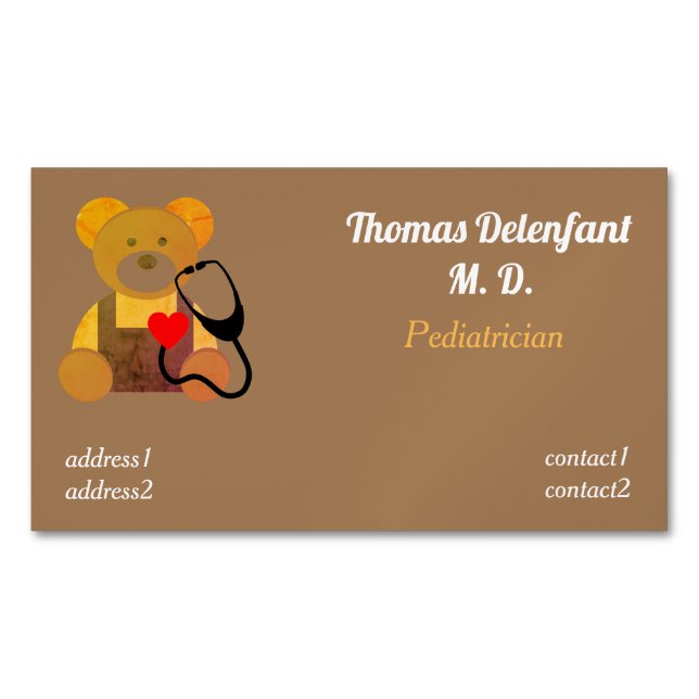 Pediatrician -  orange teddy  - stethoscope 	Magnetic business card (Front)