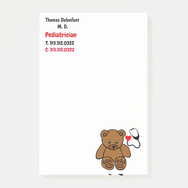Pediatrician - teddy  and heart stethoscope post-it notes (Front)