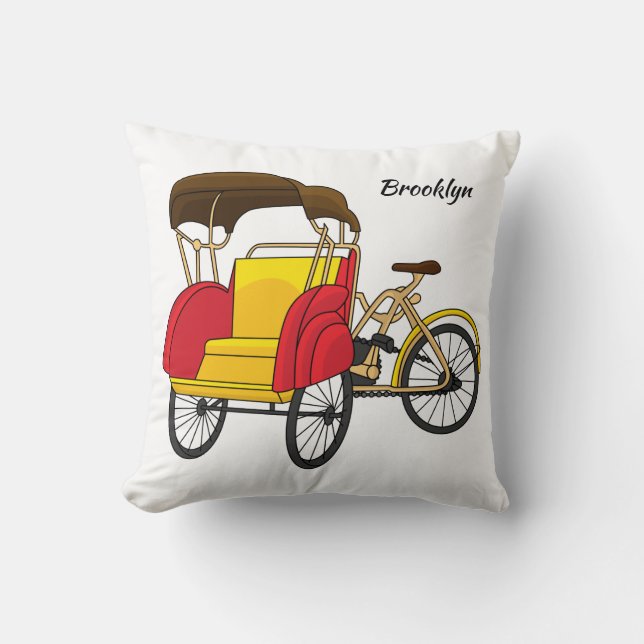 Pedicab rickshaw cartoon illustration cushion (Front)