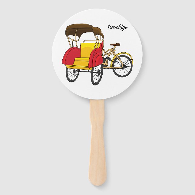 Pedicab rickshaw cartoon illustration hand fan (Front)