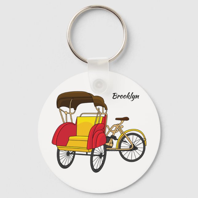 Pedicab rickshaw cartoon illustration key ring (Front)