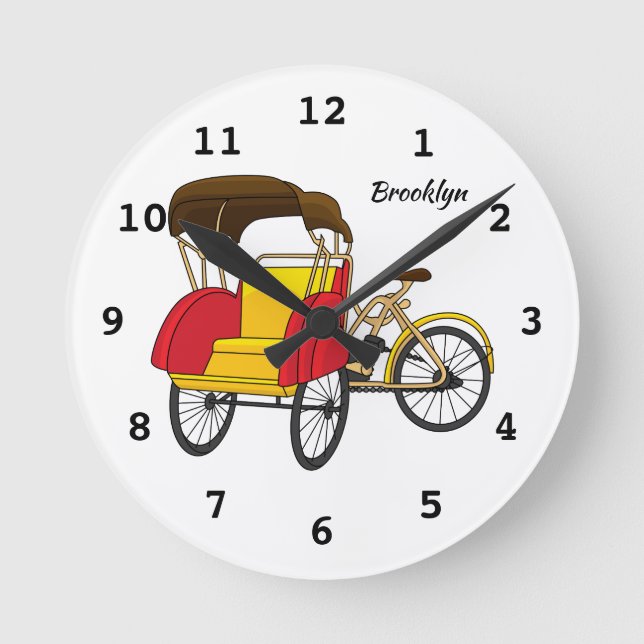 Pedicab rickshaw cartoon illustration round clock (Front)