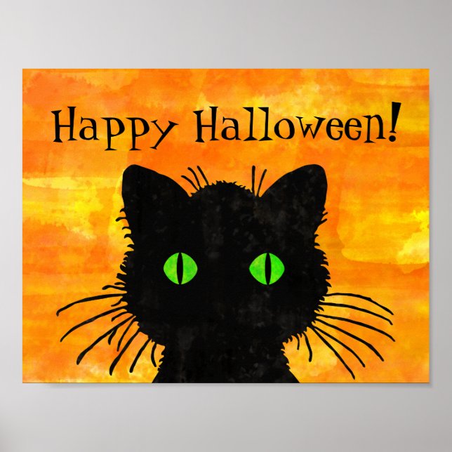 Peek-A-Boo Black Cat on Halloween Orange Poster (Front)