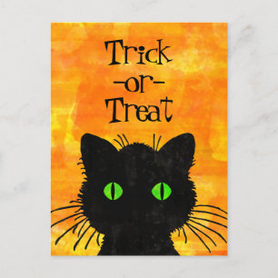 Peek-A-Boo Black Cat Orange Trick-or-Treat Postcard