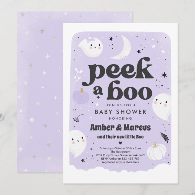Peek A Boo Cute Purple Ghost Baby Shower Invitation (Front/Back)