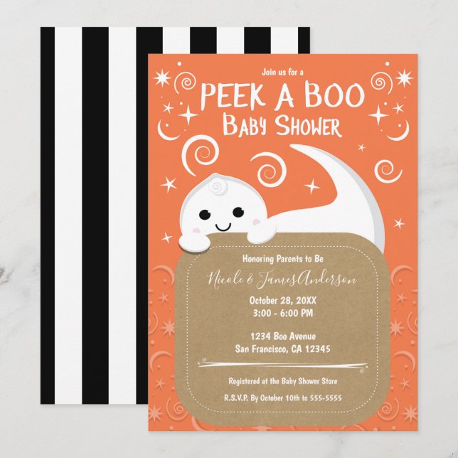 Peek A Boo Ghost Orange Halloween Baby Shower     Invitation (Front/Back)
