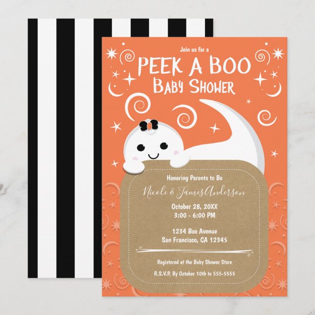 Peek A Boo Ghost Orange Halloween Baby Shower  Invitation (Front/Back)