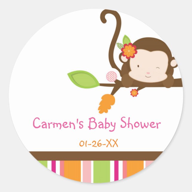 Peek A Boo Girl Monkey Baby Shower Favour Sticker (Front)