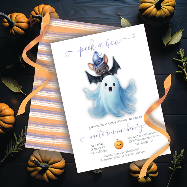 Peek a Boo Halloween Ghost & Bat Baby Shower Invitation (Creator Uploaded)