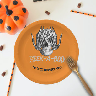 Peek A Boo Halloween Spooky Horror Skull Paper Plate