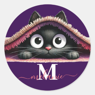 Peek-a-Boo Kitten Script Name Monogram Girls' Classic Round Sticker
