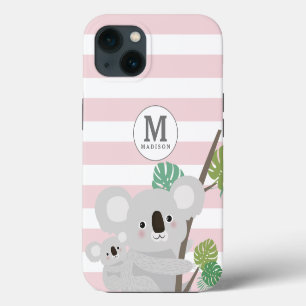 Peek-a-Boo Koala Mama and Baby Stripes Monogram iPhone 13 Case