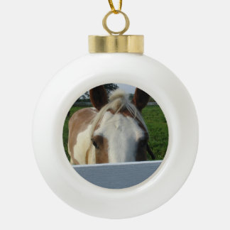 Peek a Boo Palomino Horse Behind Fence Ceramic Ball Christmas Ornament