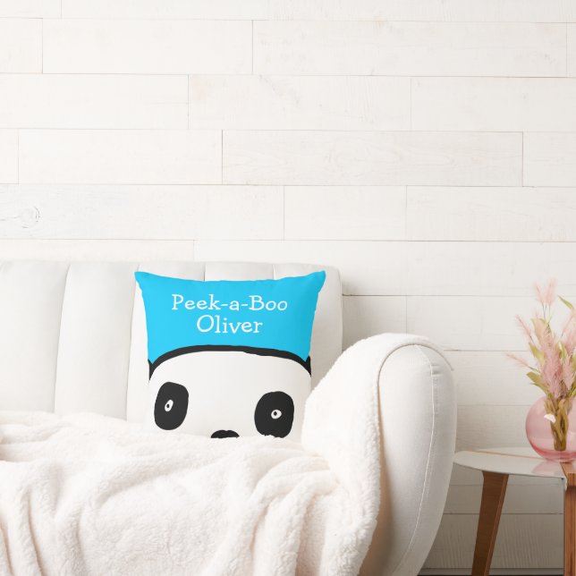Peek-a-Boo Panda Personalised Name Blue Cushion (Couch)