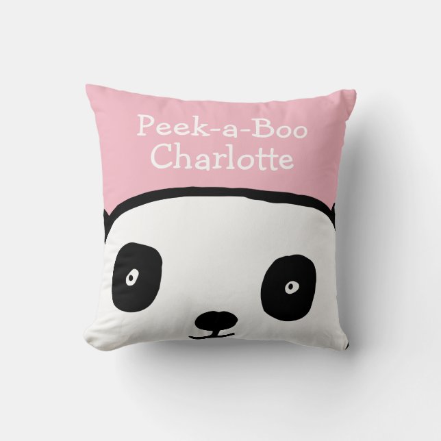 Peek-a-Boo Panda Personalised Name Pink Cushion (Front)