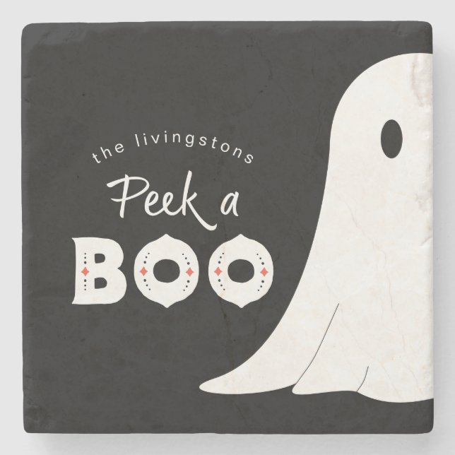 Peek a Boo Personalised Ghost Halloween Stone Coaster (Front)