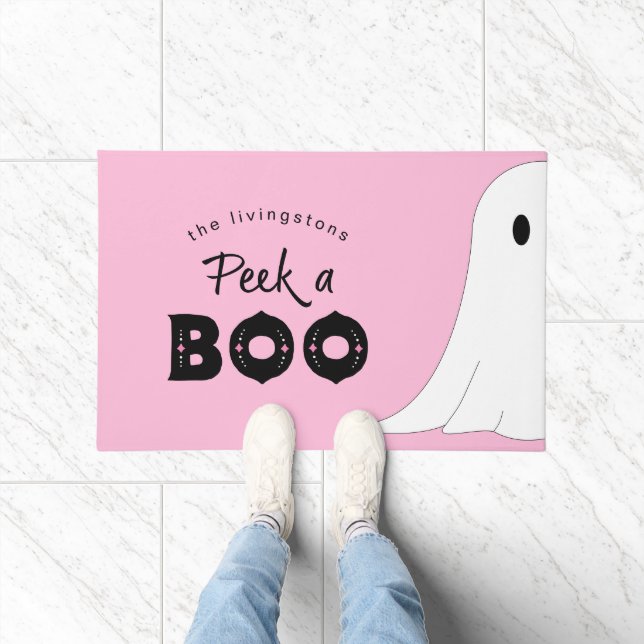 Peek a Boo Personalised Ghost Pink Halloween Doormat (Indoor)